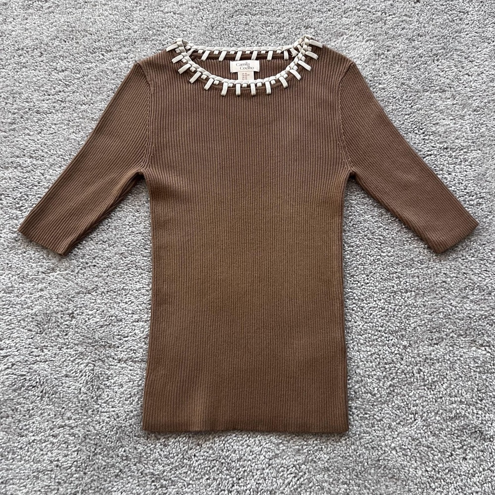 Camila Coelho Ribbed Knit Sweater‎ Womens XS Brown Trim Neck Pullover